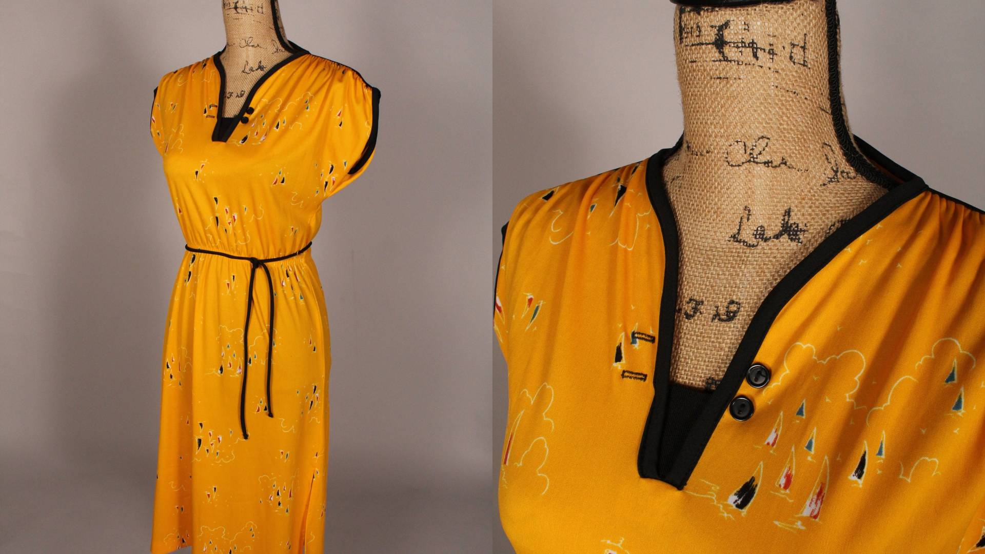 70Er Jahre 80Er Kleid/Vintage Leuchtend Gelb Segelboot Print Größe S M 24-27" Taille Mit Gürtel , Schwarz Trimmen Und von ChiffonLounge
