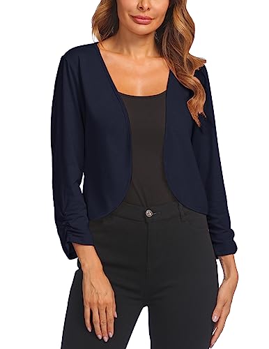 Chigant Bolero Damen 3/4 Ärmel Strickjacke Kurz Open Front Strickbolero Elegante Schulterjacke Festlich Marine Blau 1 XXL von Chigant