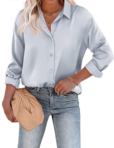 Chigant Damen Bluse Satin Seide Hemden Button Down Shirts Casual Lose Langarm Büro Arbeit Tunika Tops, Hellgrau, 3X-Groß von Chigant