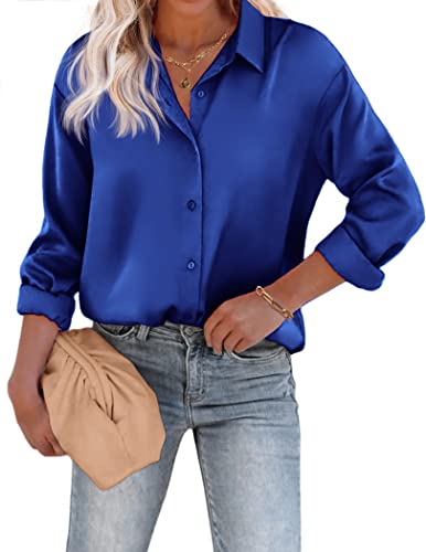 Chigant Damen Bluse Satin Seide Hemden Button Down Shirts Casual Lose Langarm Büro Arbeit Tunika Tops, Königsblau, 3X-Groß von Chigant