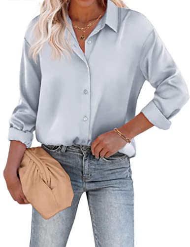 Chigant Damen Bluse Satin Seide Hemden Button Down Shirts Casual Lose Langarm Büro Arbeit Tunika Tops, hellgrau, Groß von Chigant