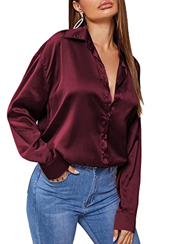 Chigant Damen Bluse Satin Seide Hemden Button Down Shirts Casual Lose Langarm Büro Arbeit Tunika Tops, weinrot, Groß von Chigant