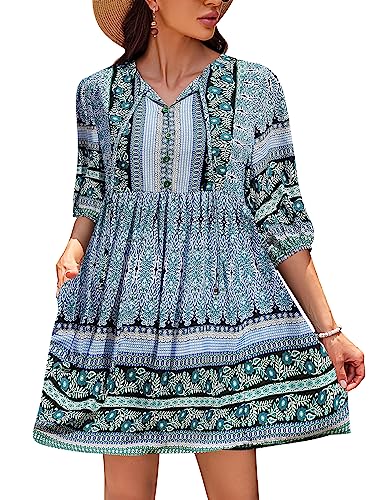 Chigant Damen Sommer Boho Kleid mit Taschen Casual Lose Vintage Floral Swing 3/4 Ärmel V-Ausschnitt Tunika Kleider, 01 Blau, X-Groß von Chigant