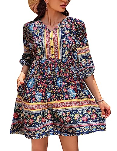 Chigant Damen Sommer Boho Kleid mit Taschen Casual Lose Vintage Floral Swing 3/4 Ärmel V Ausschnitt Tunika Kleider, Blau dunkel, X-Groß von Chigant