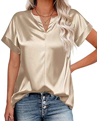 Chigant Damen-T-Shirt, Satin, Kerbe, V-Ausschnitt, Kurzarm, einfarbig, Büro, Tunika, Oberteil, S-XXL, Khaki, Klein von Chigant