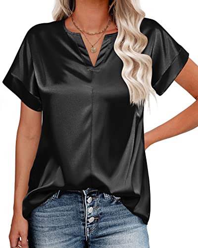 Chigant Damen-T-Shirt, Satin, Kerbe, V-Ausschnitt, Kurzarm, einfarbig, Büro, Tunika, Oberteil, S-XXL, Schwarz, Mittel von Chigant