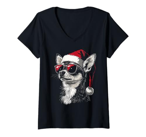 Damen Chihuahua-Weihnachtsmannmütze, lustig, niedlich, Hund, Mutter, Vater, Weihnachten T-Shirt mit V-Ausschnitt von Chihuahua - Christmas Dog Apparel & Gifts