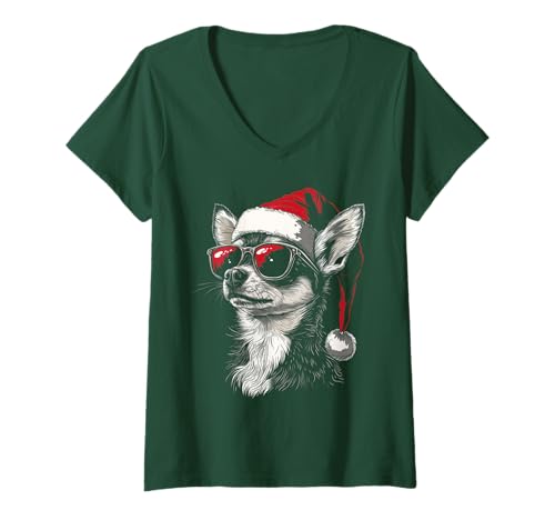 Damen Chihuahua-Weihnachtsmannmütze, lustig, niedlich, Hund, Mutter, Vater, Weihnachten T-Shirt mit V-Ausschnitt von Chihuahua - Christmas Dog Apparel & Gifts