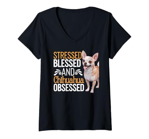 Damen Gestresster gesegneter besessener Chihuahua T-Shirt mit V-Ausschnitt Damen Gestresster gesegneter besessener Chihuahua T-Shirt mit V-Ausschnitt von Chihuahua Design