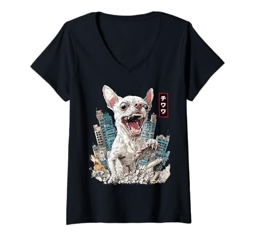 Damen Lustiger Chihuahua Hund Kaiju Monster Japanisch T-Shirt mit V-Ausschnitt Damen Lustiger Chihuahua Hund Kaiju Monster Japanisch T-Shirt mit V-Ausschnitt von Chihuahua Dog Kaiju Monster Clothing