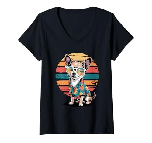 Damen Chihuahua Sonnenbrille Hawaii Strand Sommer T-Shirt mit V-Ausschnitt Damen Chihuahua Sonnenbrille Hawaii Strand Sommer T-Shirt mit V-Ausschnitt von Chihuahua Dog Lover Gifts