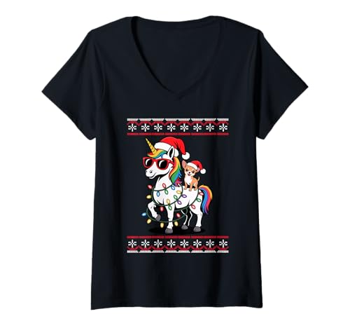 Damen Christmas Chihuahua Unicorn Sunglasses Chihuahuas T-Shirt mit V-Ausschnitt Damen Christmas Chihuahua Unicorn Sunglasses Chihuahuas T-Shirt mit V-Ausschnitt von Chihuahua Dog Lover Gifts