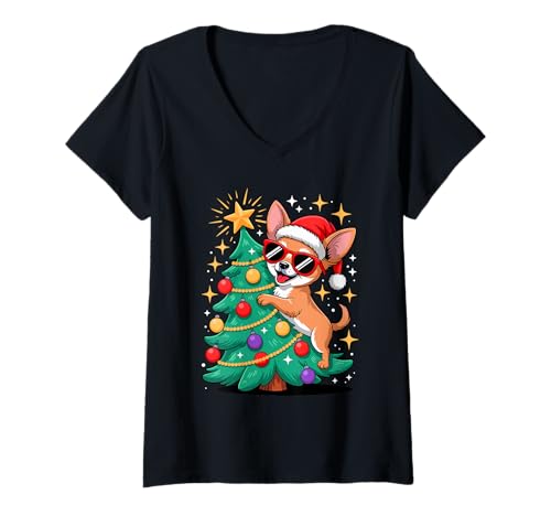 Damen Christmas Tree Chihuahua Sunglasses Chihuahuas T-Shirt mit V-Ausschnitt Damen Christmas Tree Chihuahua Sunglasses Chihuahuas T-Shirt mit V-Ausschnitt von Chihuahua Dog Lover Gifts