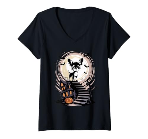 Damen Gruseliger Halloween Mond Chihuahua Chi T-Shirt mit V-Ausschnitt von Chihuahua Dog Lover Gifts