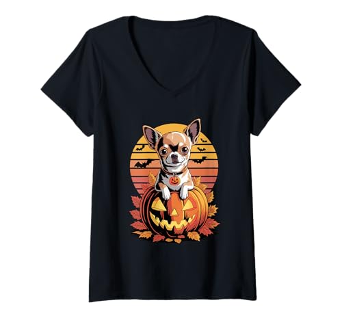 Damen Halloween Retro Chihuahua Chihuahuas T-Shirt mit V-Ausschnitt Damen Halloween Retro Chihuahua Chihuahuas T-Shirt mit V-Ausschnitt von Chihuahua Dog Lover Gifts