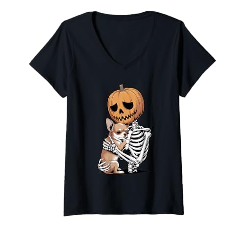 Damen Halloween Skeleton Chihuahua Chihuahuas T-Shirt mit V-Ausschnitt Damen Halloween Skeleton Chihuahua Chihuahuas T-Shirt mit V-Ausschnitt von Chihuahua Dog Lover Gifts