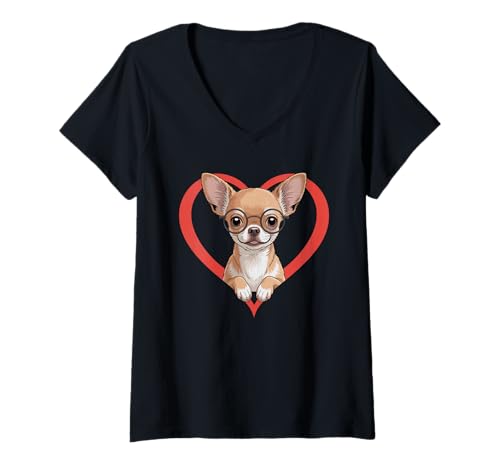 Damen Heart Chihuahua Glasses Chihuahuas T-Shirt mit V-Ausschnitt Damen Heart Chihuahua Glasses Chihuahuas T-Shirt mit V-Ausschnitt von Chihuahua Dog Lover Gifts
