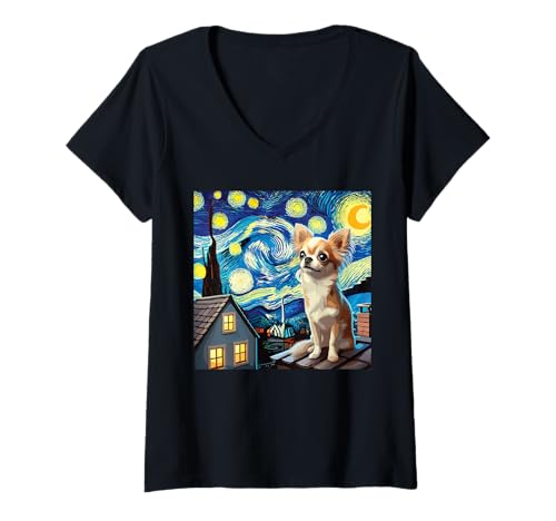 Damen Chihuahua unter Sternennacht T-Shirt mit V-Ausschnitt Damen Chihuahua unter Sternennacht T-Shirt mit V-Ausschnitt von Chihuahua Enthusiasts Starry Night Chihuahua