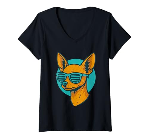 Damen Chihuahua Illustration mit Sonnenbrille T-Shirt mit V-Ausschnitt Damen Chihuahua Illustration mit Sonnenbrille T-Shirt mit V-Ausschnitt von Chihuahua Fans