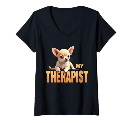 Damen Lustiger Chi Chichi Puppy My Therapist Chihuahua Dog T-Shirt mit V-Ausschnitt Damen Lustiger Chi Chichi Puppy My Therapist Chihuahua Dog T-Shirt mit V-Ausschnitt von Chihuahua Fun Designs