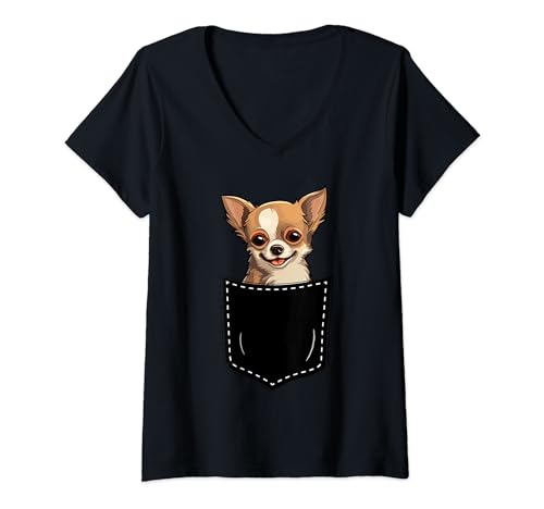 Damen Süßer Chihuahua In Tasche Chihuahua Liebhaber T-Shirt mit V-Ausschnitt von Chihuahua Geschenkartikel