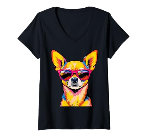 Damen Chihuahua lustiger Hund mit Sonnenbrille T-Shirt mit V-Ausschnitt Damen Chihuahua lustiger Hund mit Sonnenbrille T-Shirt mit V-Ausschnitt von Chihuahua Geschenke Hundeliebhaber Hundebesitzer