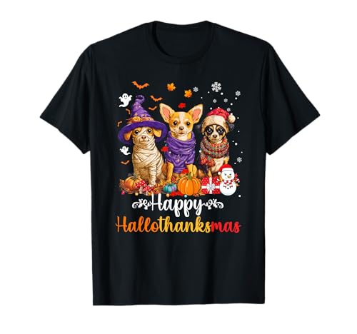 Herren Damen Chihuahua Hund Weihnachten Halloween Thanksgiving T-Shirt von Chihuahua Happy Hallothankmas Holiday Dog