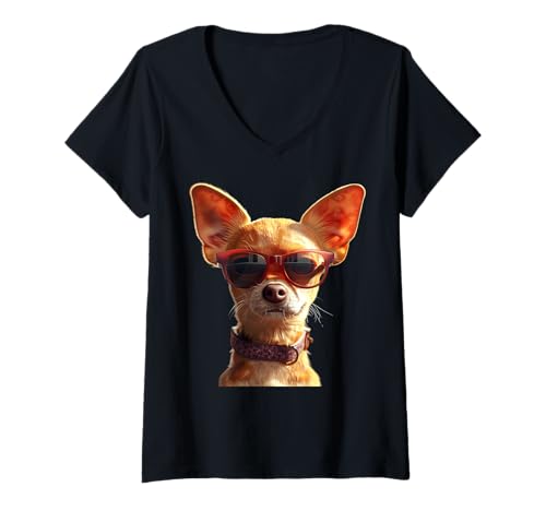 Damen Chihuahua mit Sonnenbrille Hunde Ich Liebe Süße Chihuahuas T-Shirt mit V-Ausschnitt von Chihuahua Liebhaber Motiv für Frauchen & Herrchen