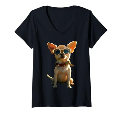 Damen Chihuahua mit Sonnenbrille Hunde Ich Liebe Süße Chihuahuas T-Shirt mit V-Ausschnitt von Chihuahua Liebhaber Motiv für Frauchen & Herrchen