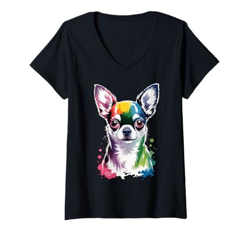 Damen Aquarell Chihuahua Kunstwerk Chihuahua T-Shirt mit V-Ausschnitt von Chihuahua Lover Gifts & Tees