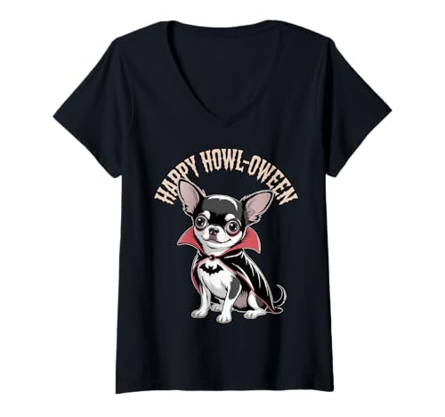 Damen Chihuahua Halloween-Howloween Chihuahua T-Shirt mit V-Ausschnitt von Chihuahua Lover Gifts & Tees
