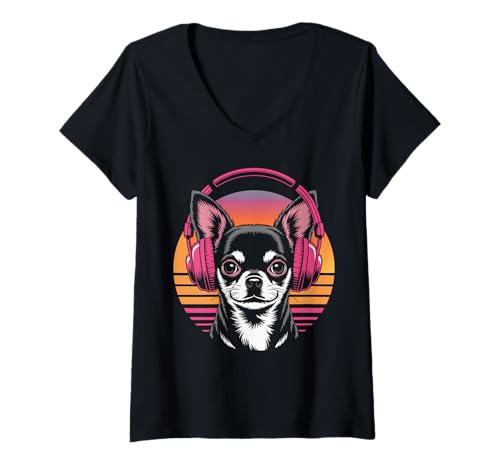 Damen Chihuahua Kopfhörer Retro Chihuahua T-Shirt mit V-Ausschnitt von Chihuahua Lover Gifts & Tees