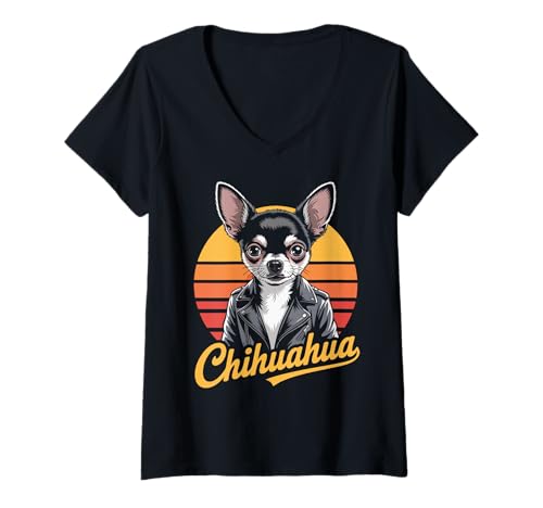 Damen Chihuahua im Retro-Look T-Shirt mit V-Ausschnitt von Chihuahua Lover Gifts & Tees