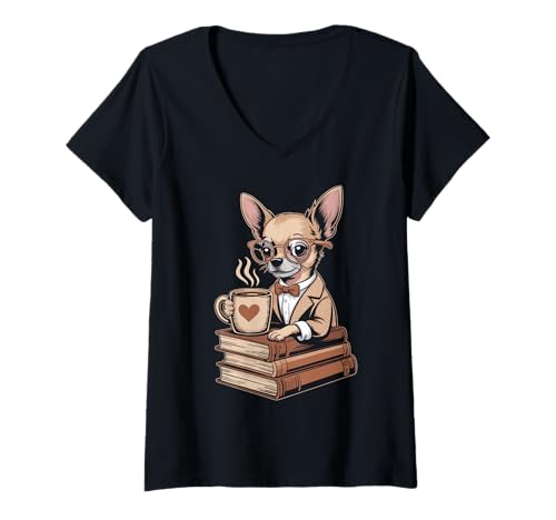 Damen Hipster Chihuahua Kaffee Chihuahua T-Shirt mit V-Ausschnitt von Chihuahua Lover Gifts & Tees