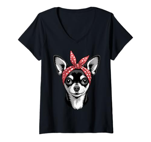 Damen Mädchen Chihuahua Bandana Chihuahua T-Shirt mit V-Ausschnitt von Chihuahua Lover Gifts & Tees