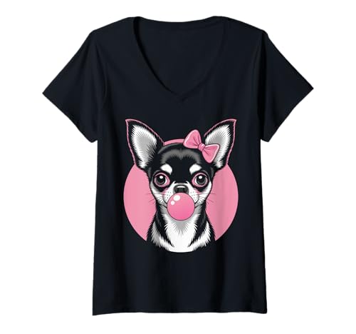 Damen Mädchen Chihuahua Pink Bubblegum Chihuahua T-Shirt mit V-Ausschnitt von Chihuahua Lover Gifts & Tees