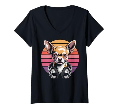 Damen Retro Chihuahua Kopfhörer DJ Chihuahua T-Shirt mit V-Ausschnitt Damen Retro Chihuahua Kopfhörer DJ Chihuahua T-Shirt mit V-Ausschnitt von Chihuahua Lover Gifts & Tees