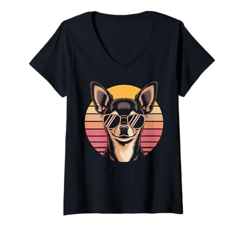Damen Retro Chihuahua Sonnenbrille Chihuahua T-Shirt mit V-Ausschnitt von Chihuahua Lover Gifts & Tees