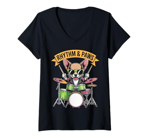 Damen Schlagzeuger Chihuahua Schlagzeuger Chihuahua T-Shirt mit V-Ausschnitt von Chihuahua Lover Gifts & Tees
