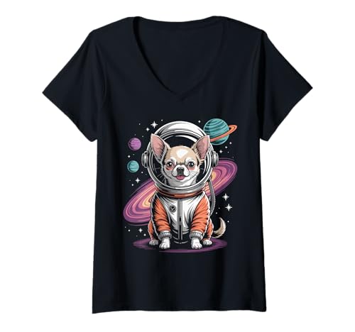 Damen Weltraum Chihuahua Astronaut Chihuahua T-Shirt mit V-Ausschnitt von Chihuahua Lover Gifts & Tees