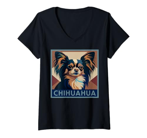 Damen Retro Chihuahua Langhaar Tricolor T-Shirt mit V-Ausschnitt Damen Retro Chihuahua Langhaar Tricolor T-Shirt mit V-Ausschnitt von Chihuahua Lover Gifts