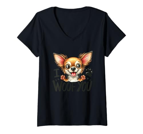 Damen I Woof You Cute Chihuahua Zeichnung T-Shirt mit V-Ausschnitt von Chihuahua Lovers Cute Puppy Paws