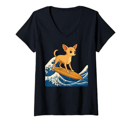 Damen Chihuahua Surfen Japanische Welle T-Shirt mit V-Ausschnitt Damen Chihuahua Surfen Japanische Welle T-Shirt mit V-Ausschnitt von Chihuahua Surfer Japan Große Welle Anime
