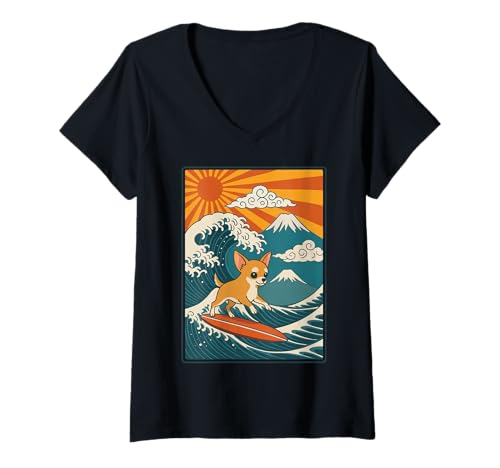 Damen Chihuahua Surfen Japanische Welle T-Shirt mit V-Ausschnitt Damen Chihuahua Surfen Japanische Welle T-Shirt mit V-Ausschnitt von Chihuahua Surfer Japan Große Welle Anime