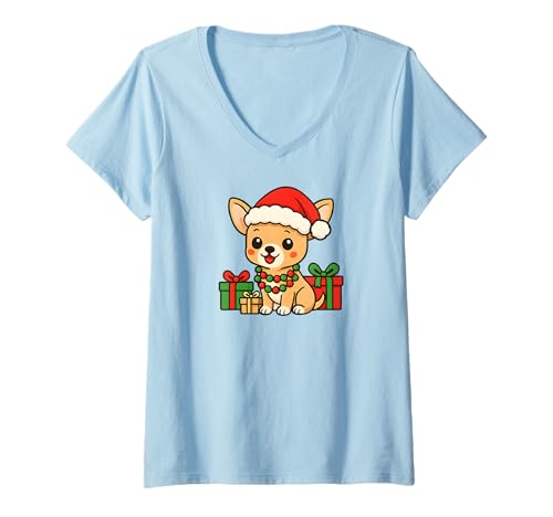 Damen Chihuahua-Hund, niedlich, Cartoon-Stil T-Shirt mit V-Ausschnitt Damen Chihuahua-Hund, niedlich, Cartoon-Stil T-Shirt mit V-Ausschnitt von Chihuahua wearing a Santa Claus hat