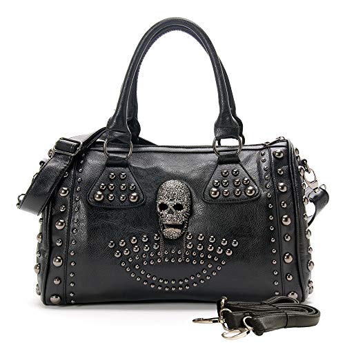 Chikencall® Frauen Schädeltasche PU Handtasche aus gewaschenem Leder Geldbörsen mit gotischen Nieten Damen Halloween Weihnachten Umhängetasche Schwarz von Chikencall