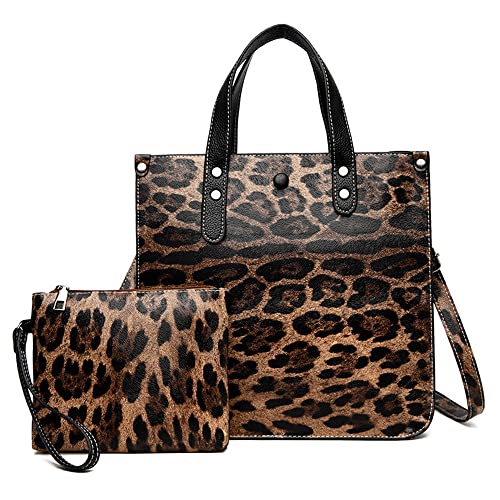 Chikencall Damen 2Pcs Handtasche und Geldbörsen Leopard Print Tote Tasche PU Leder Umhängetasche Arbeit Satchel Shopper Crossbody Tasche von Chikencall