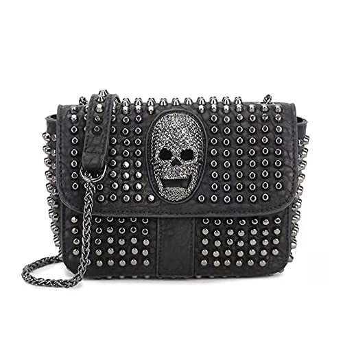 Chikencall Damen Schultertasche mit Totenkopfkette Schwarze Herren Umhängetasche mit Nieten Mode Handtasche und Geldbörsen Einzigartige Schulranzen von Chikencall