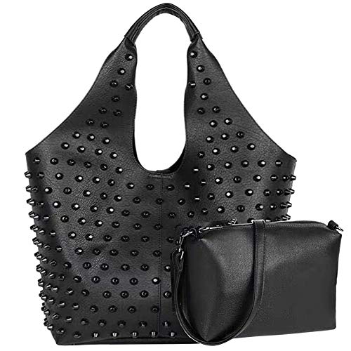 Chikencall Frauen Black Big Tote Taschen 2 Stück Set Handtasche Mit Nieten besetzte PU-Umhängetaschen Käufer Geldbörsen Umhängetaschen von Chikencall