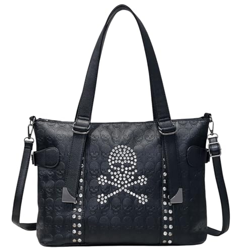 Chikencall Frauen Totenkopf Tote Handtasche Punk Nieten Umhängetasche PU Leder Crossbody Tasche Shopper Schwarz Geldbörse von Chikencall